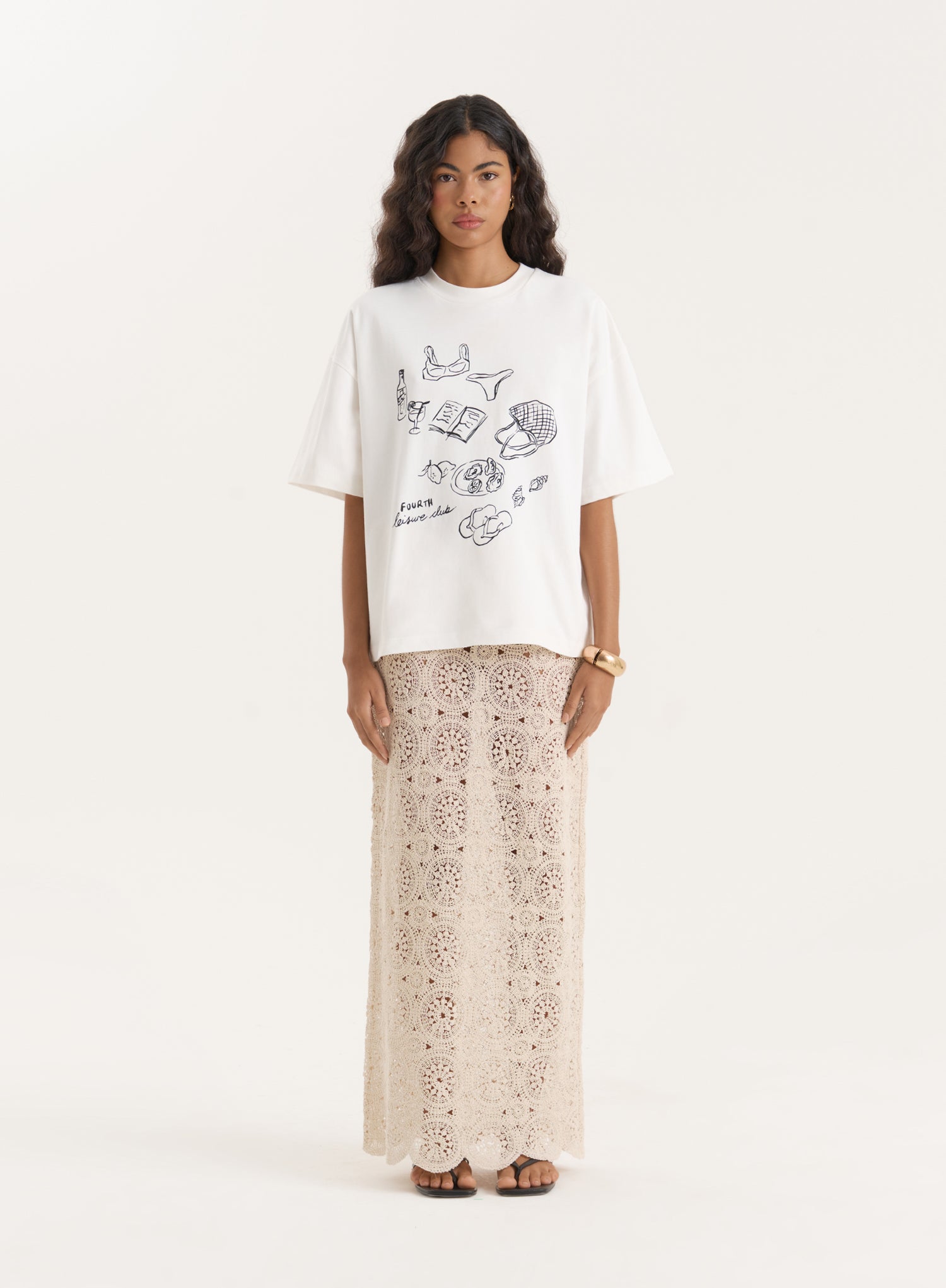 Cream Illustration Print Oversized T-Shirt